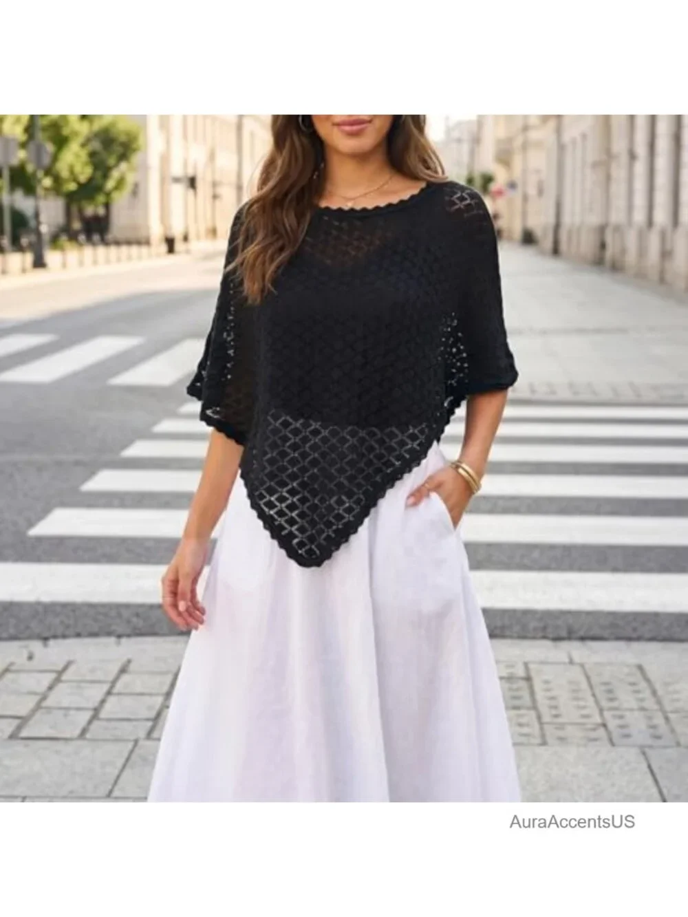 Womens Crochet Batwing Sleeve Poncho Scalloped Trim Off Shoulder Hollow Out